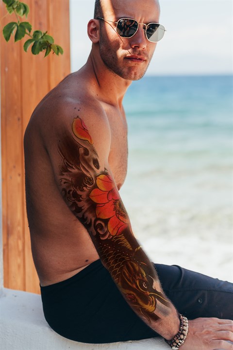 Geçici Balık ve Çiçek Kol Dövme Tattoo