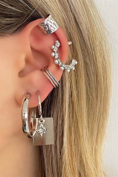 7 Parça Gümüş Renk Çelik Ear Cuff Küpe Set