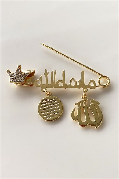 Altın Renk Arapça Maşallah Yazılı Taşlı Broş 