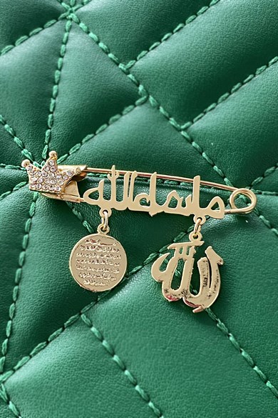 Altın Renk Arapça Maşallah Yazılı Taşlı Broş 